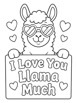 Free printable Cute Valentine Llama With Heart Glasses coloring page