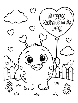Free printable Cute Valentine Monster With Heart Balloon coloring page
