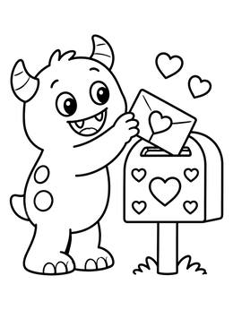 Free printable Cute Valentine Monster Mailing A Letter coloring page