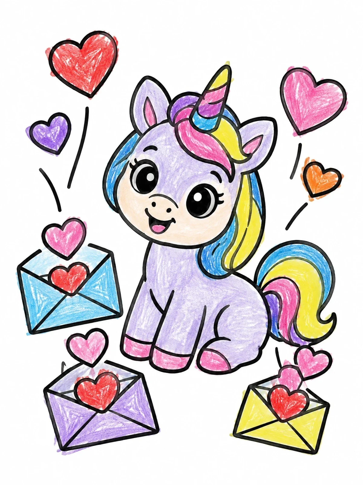 Colored example of the Cute Valentine Unicorn Foal With Love Letters coloring page