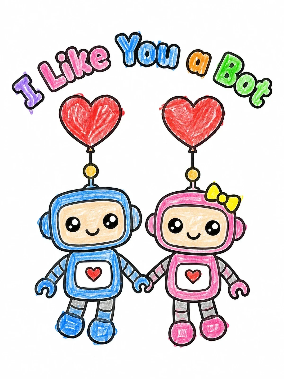 Colored example of the Cute Robots Holding Hands On Valentine's Day coloring page