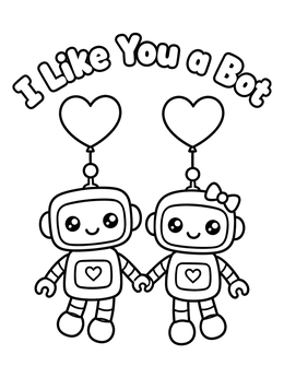 Free printable Cute Robots Holding Hands On Valentine's Day coloring page