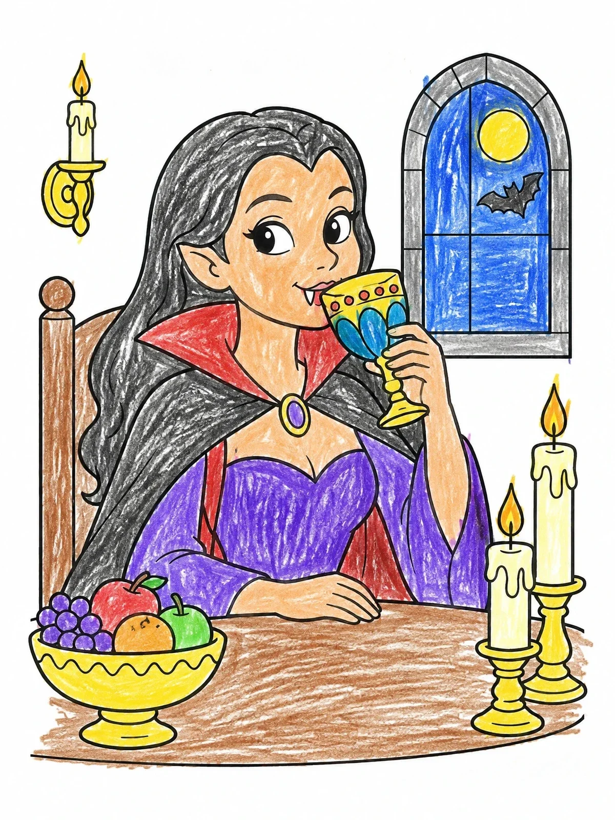 Colored example of the Cute Vampire Girl At Dinner Table coloring page