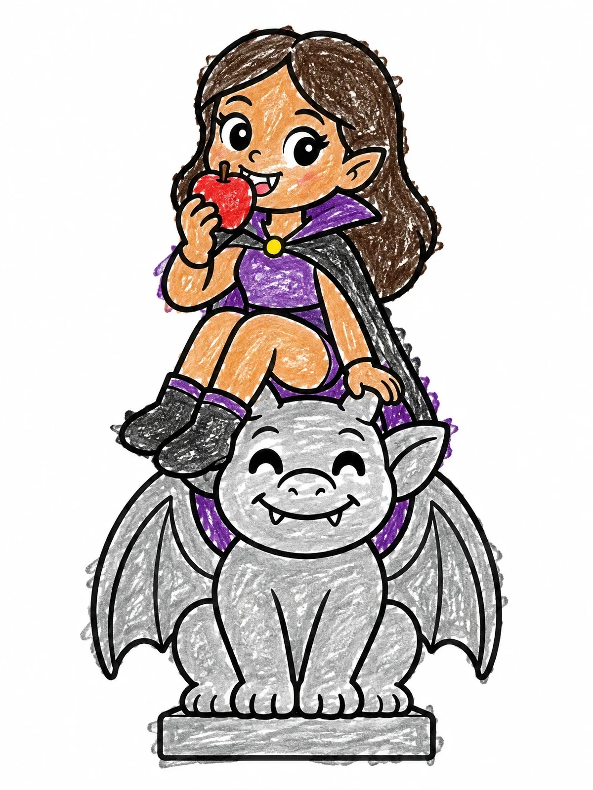 Colored example of the Cute Vampire Sitting On A Gargoyle coloring page