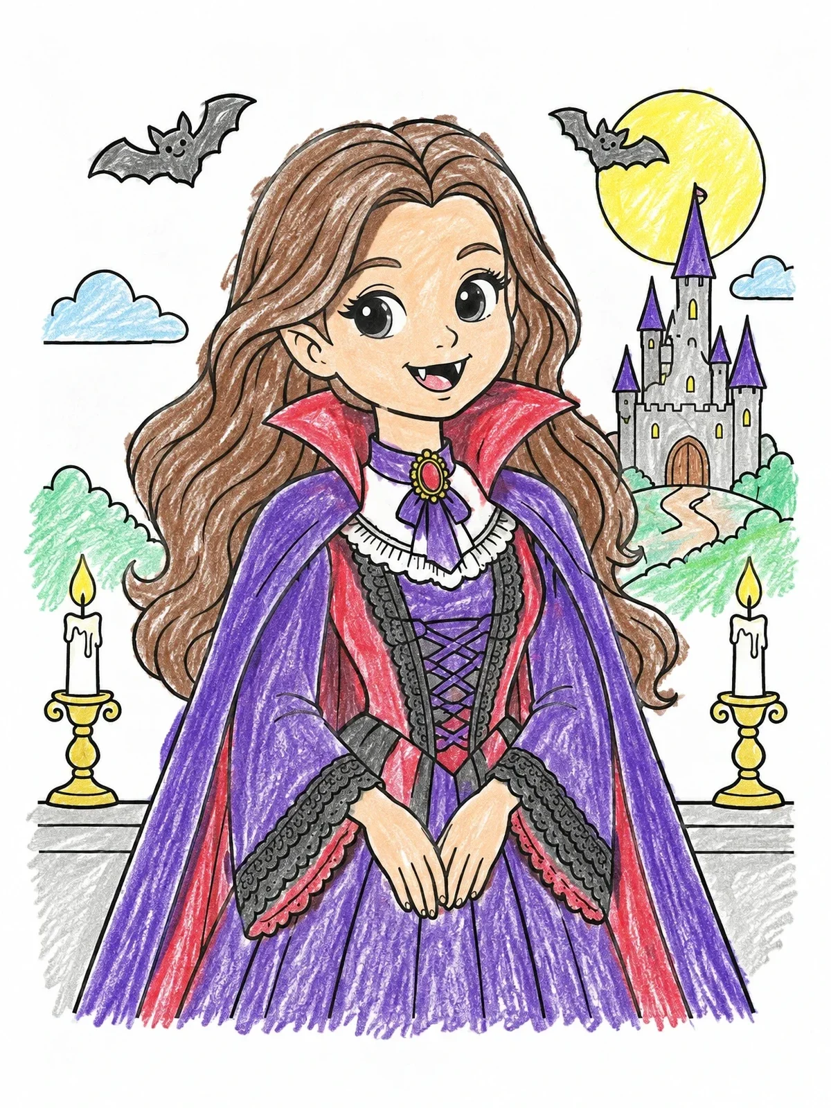 Colored example of the Cute Vampire Princess At Castle coloring page