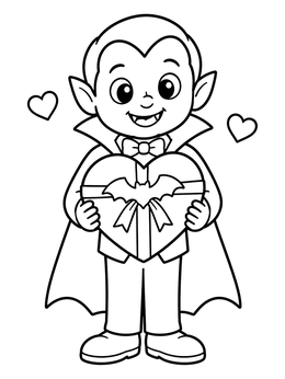 A friendly little vampire coloring page holding a heart candy box with a bat ribbon.
