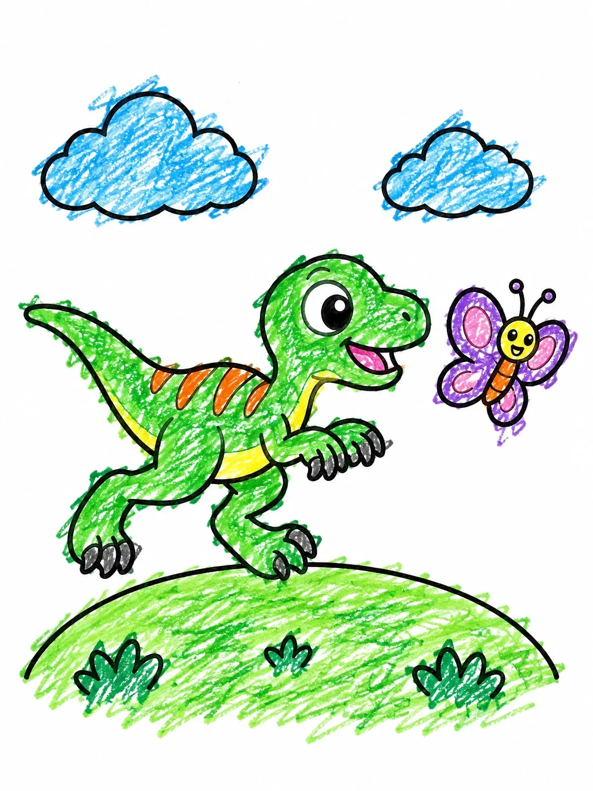 Colored example of the Cute Velociraptor Chasing Butterfly coloring page