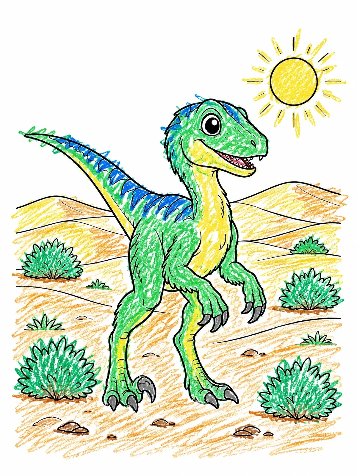 Colored example of the Cute Velociraptor In The Desert coloring page