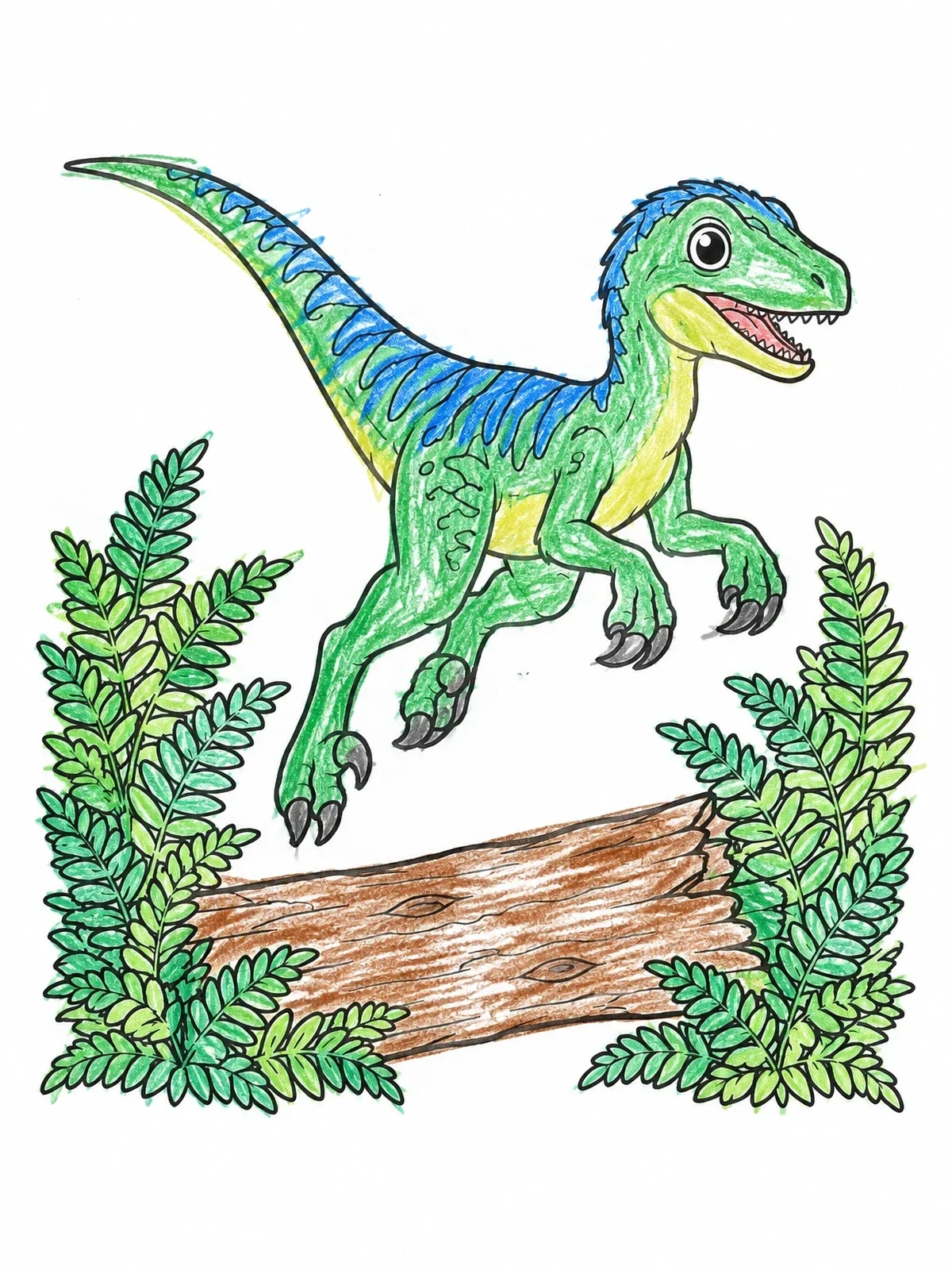 Colored example of the Cute Velociraptor Leaping Over Log coloring page