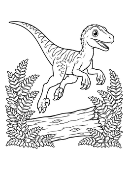 Free printable Cute Velociraptor Leaping Over Log coloring page