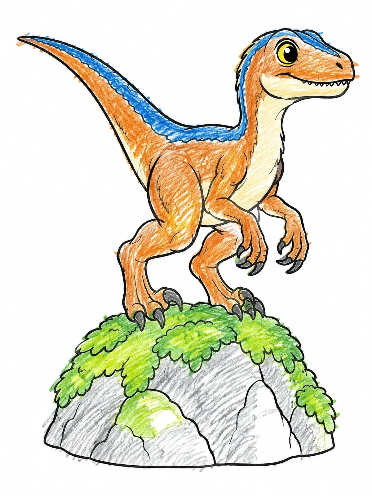Colored example of the Cute Velociraptor On A Mossy Rock coloring page
