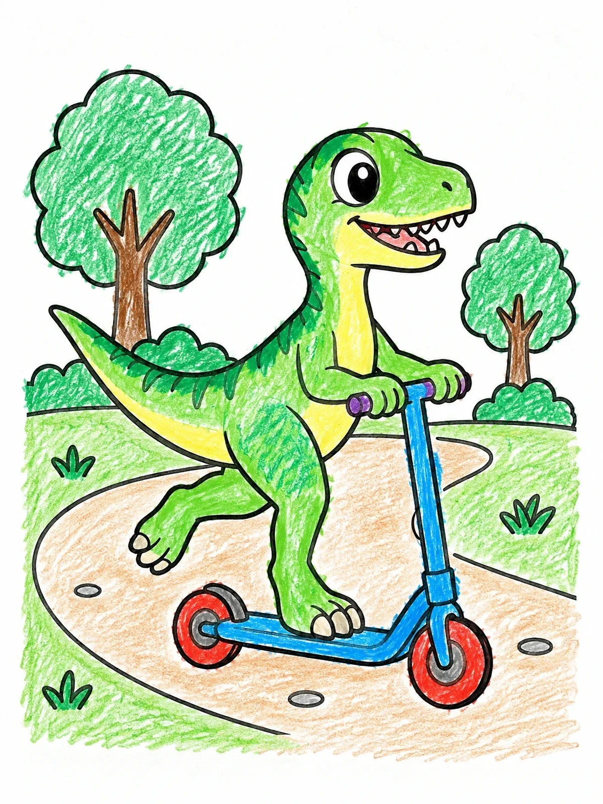 Colored example of the Cute Velociraptor On A Scooter coloring page