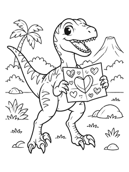 A smiling valentine dinosaur coloring page featuring a cute velociraptor holding a heart card.
