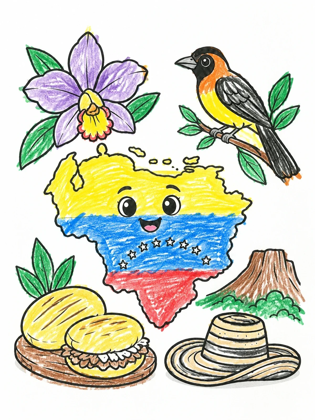 Colored example of the Cute Venezuelan Symbols And Map coloring page
