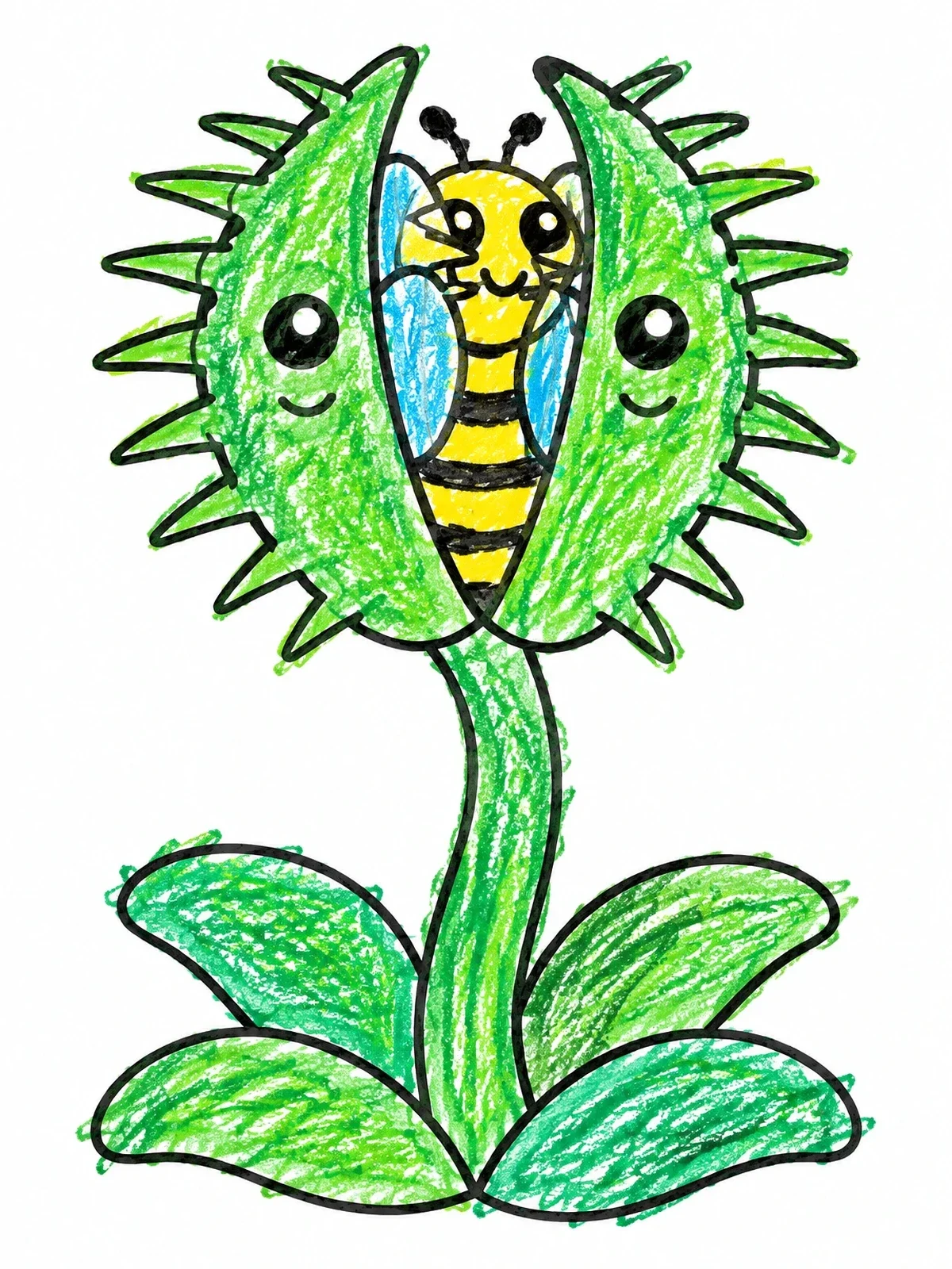Colored example of the Cute Venus Flytrap And Little Bee coloring page