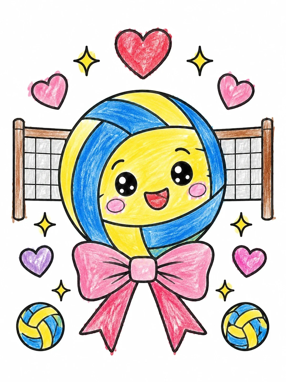 Colored example of the Cute Volleyball With Bow And Hearts coloring page