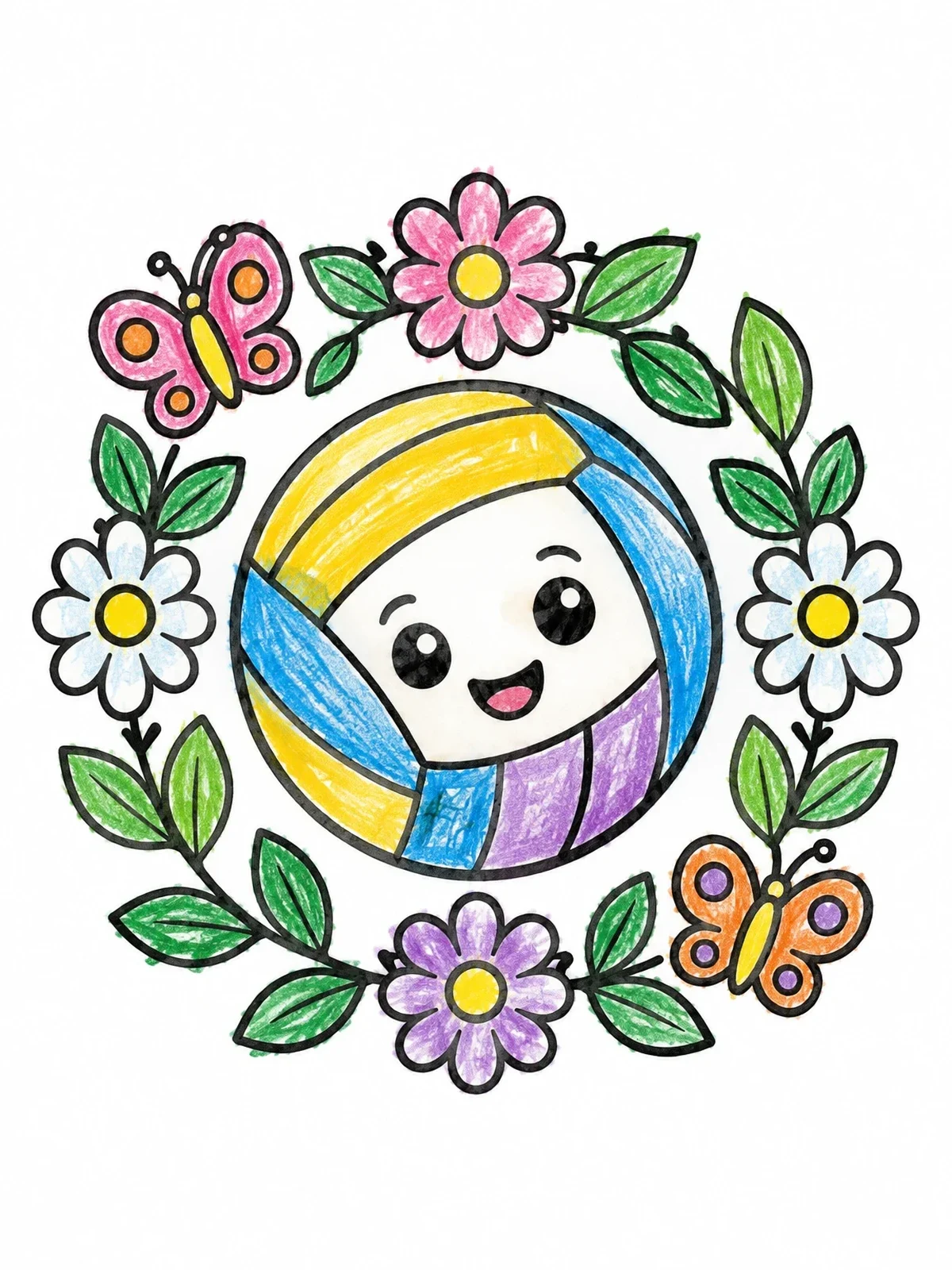 Colored example of the Cute Volleyball In Floral Wreath coloring page