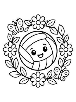 Cute Volleyball in Floral Wreath coloring page