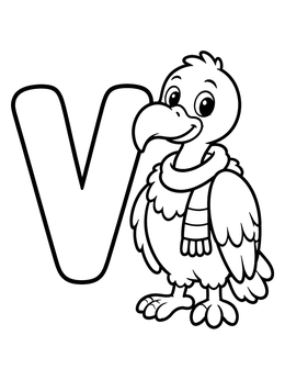 Free printable Cute Vulture With Letter V coloring page
