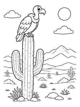 Free printable Cute Vulture On A Saguaro Cactus coloring page