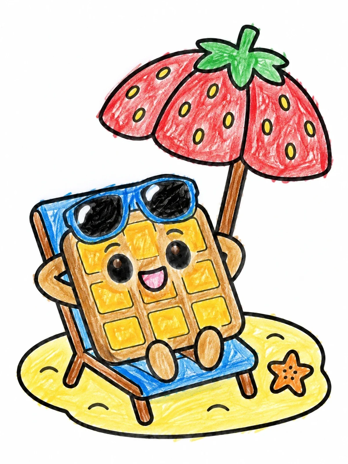 Colored example of the Cute Waffle Relaxing On Beach coloring page