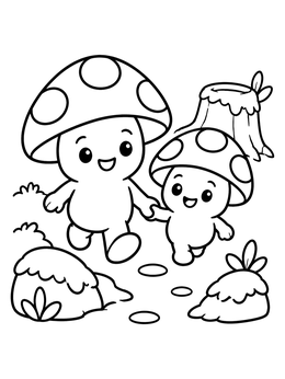 Two friendly cartoon figures stroll together in this mushroom coloring page.