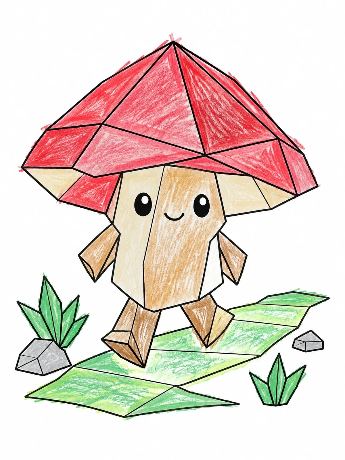 Colored example of the Cute Walking Origami Mushroom coloring page