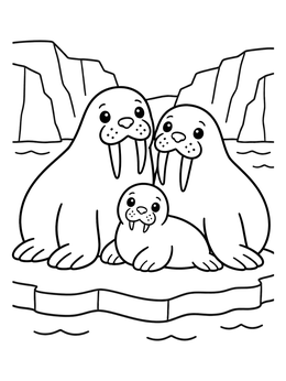 Free printable Cute Walrus Family On Ice Floe coloring page