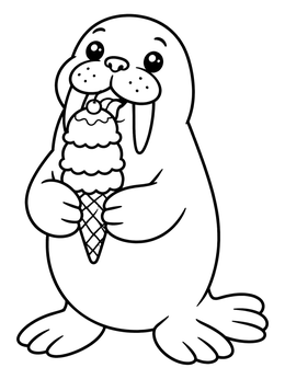 A cute walrus coloring page featuring a happy walrus holding a tall ice cream cone.