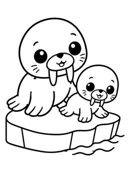 A sweet walrus coloring page featuring a mother walrus and her pup resting on an ice floe.