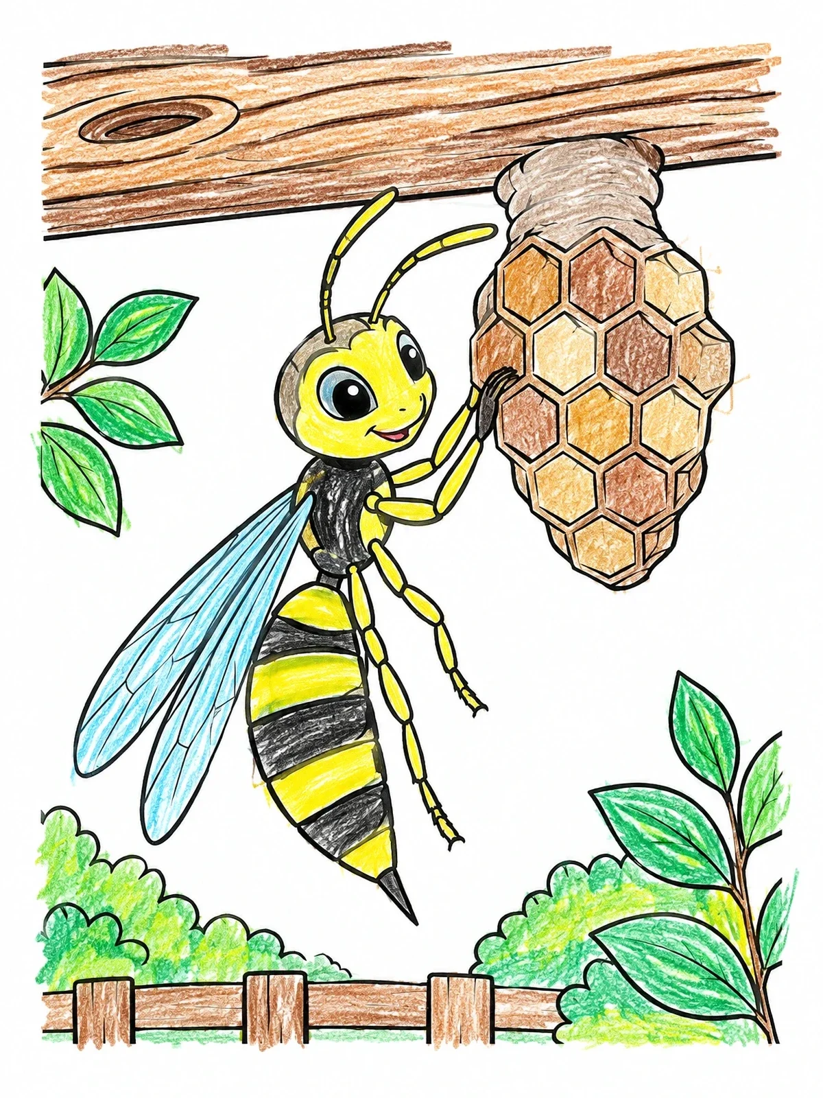 Colored example of the Cute Wasp Building A Nest coloring page