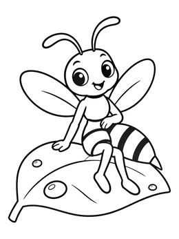 A cute cartoon wasp coloring page sitting happily on a broad leaf with dew drops.