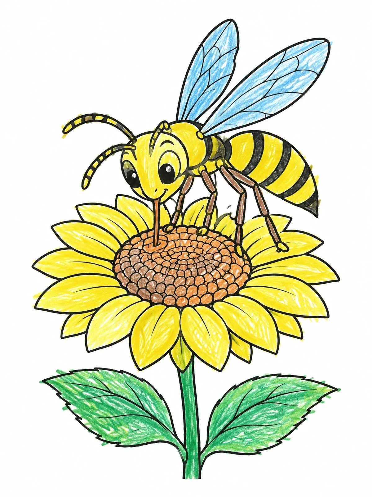 Colored example of the Cute Wasp On A Sunflower coloring page