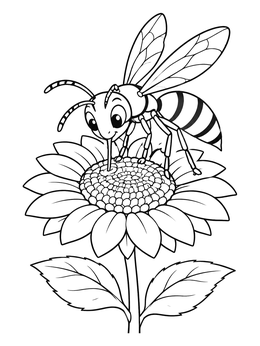 Free printable Cute Wasp On A Sunflower coloring page