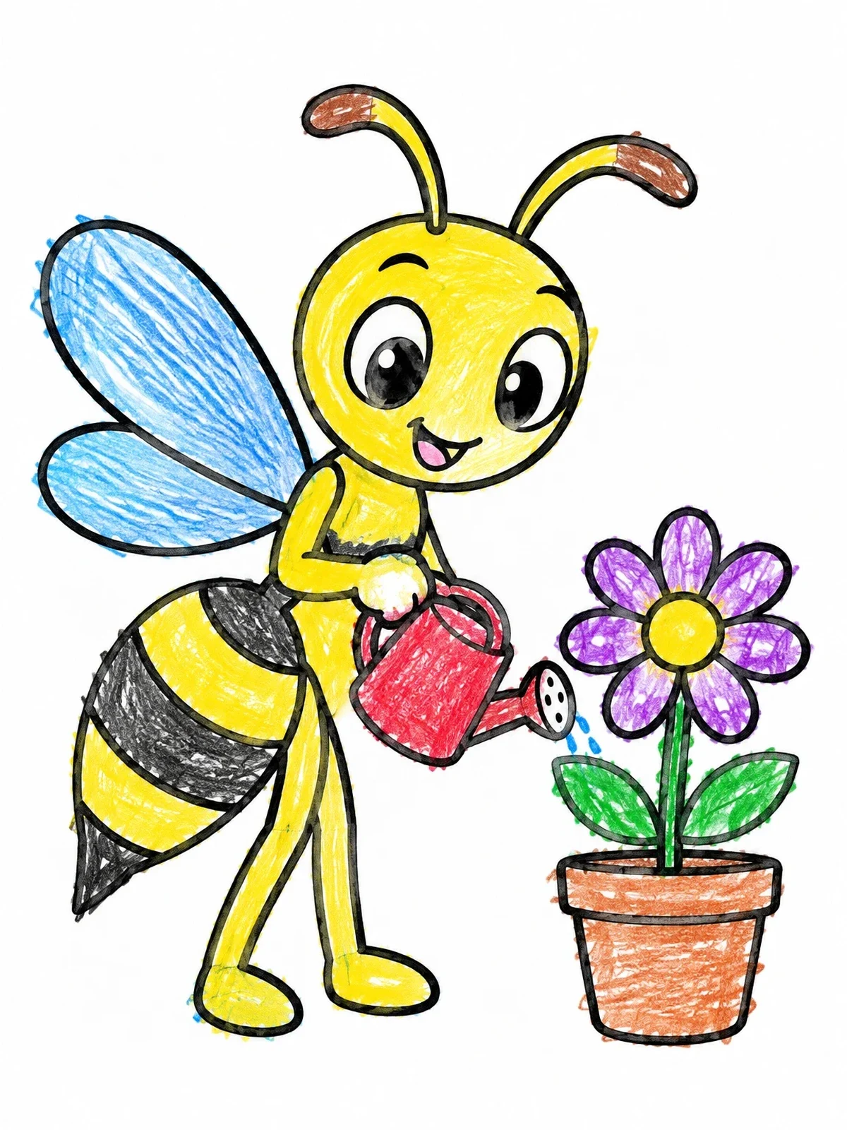 Colored example of the Cute Wasp Watering A Flower coloring page