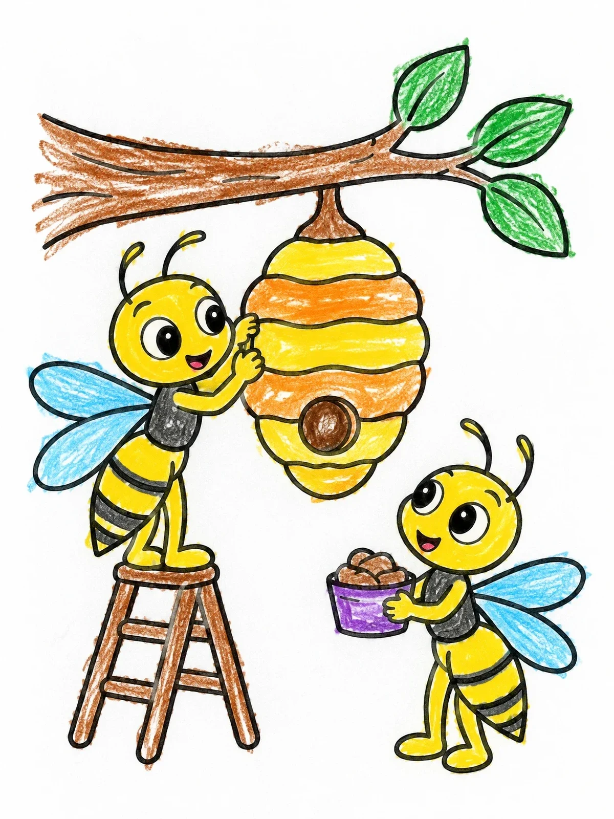 Colored example of the Cute Wasps Building A Nest coloring page