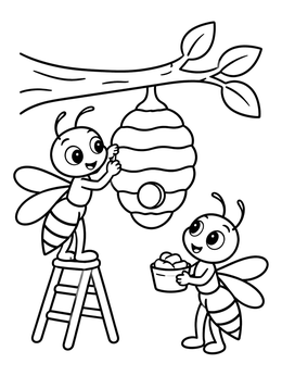 A cheerful wasp coloring page showing two cartoon wasps building a nest hanging from a tree branch.