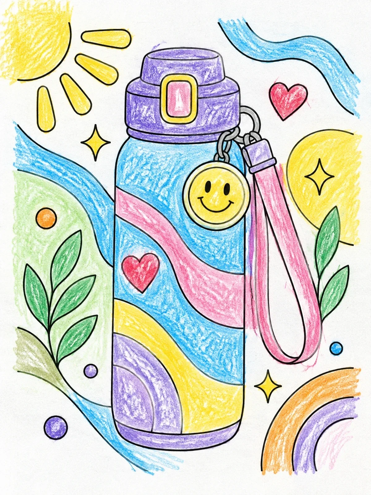 Colored example of the Cute Water Bottle With Smiley Charm coloring page
