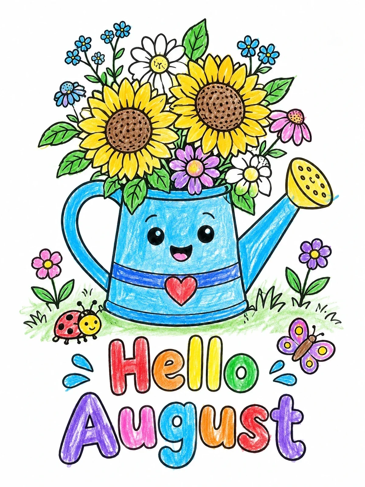 Colored example of the Cute Watering Can With Summer Sunflowers coloring page