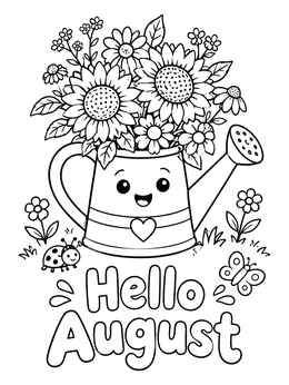 Free printable Cute Watering Can With Summer Sunflowers coloring page