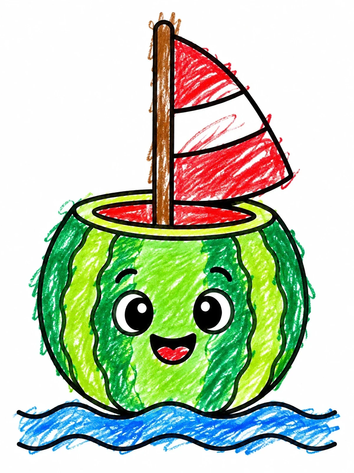 Colored example of the Cute Watermelon Sailboat On Waves coloring page