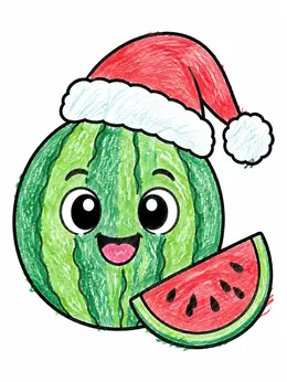 Watermelon Letters Patterned Cute Watermelon Wearing Santa Hat Coloring Page