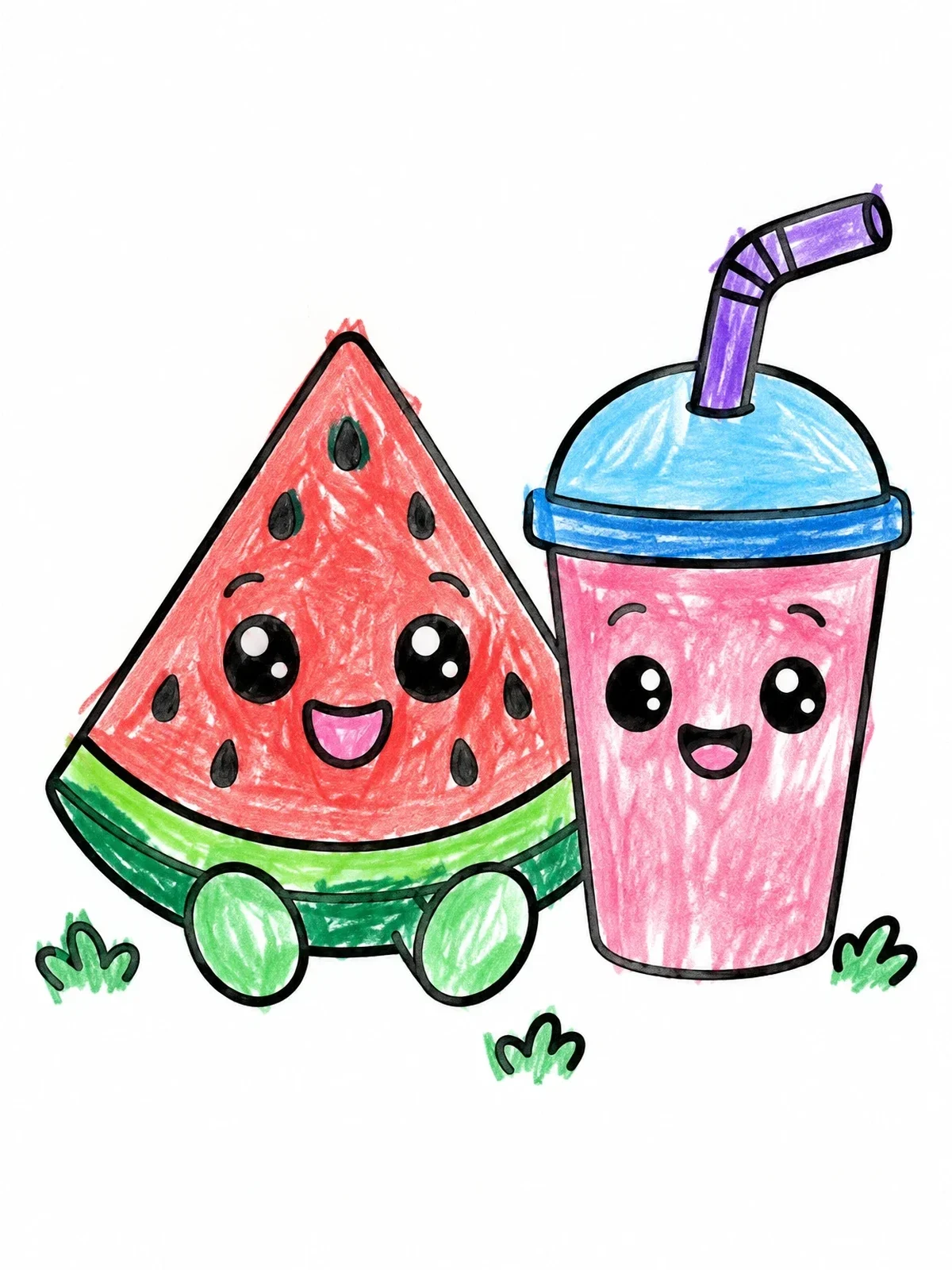 Colored example of the Cute Watermelon Slice And Smoothie Cup coloring page