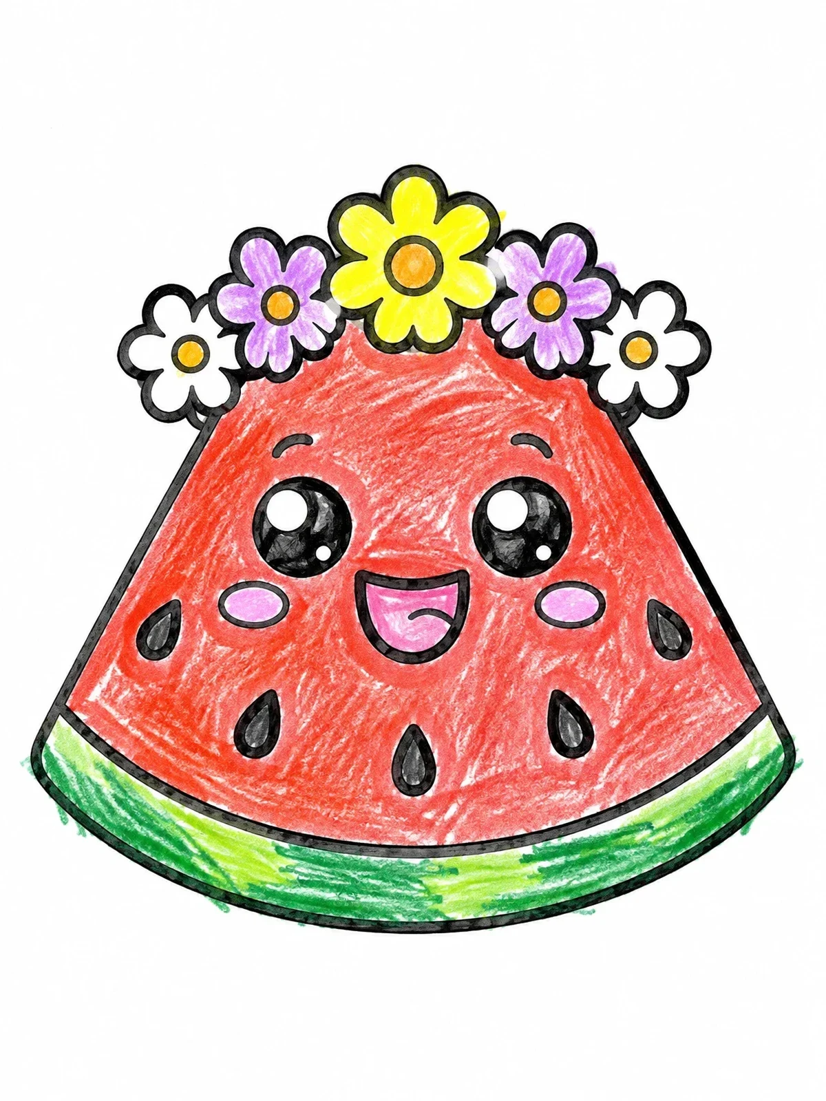 Colored example of the Cute Watermelon Slice With Flower Crown coloring page
