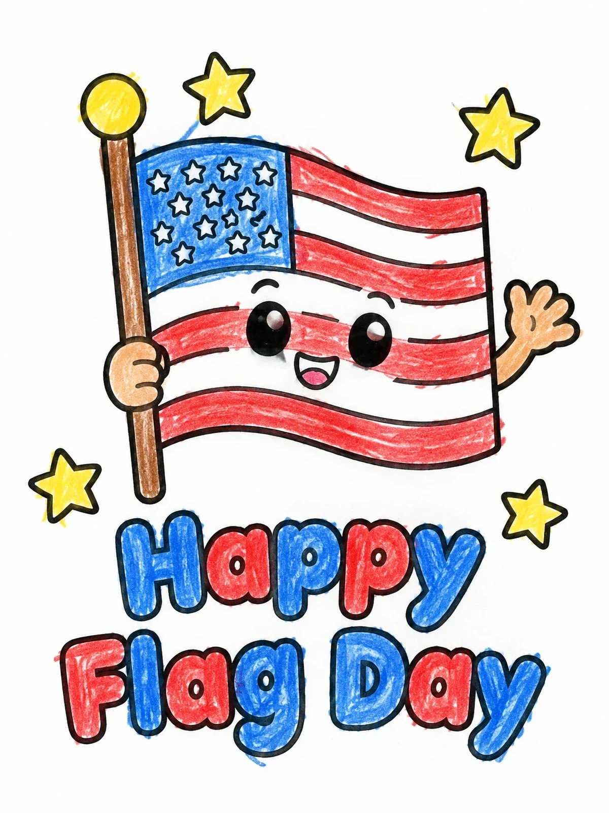 Colored example of the Cute Waving American Flag coloring page