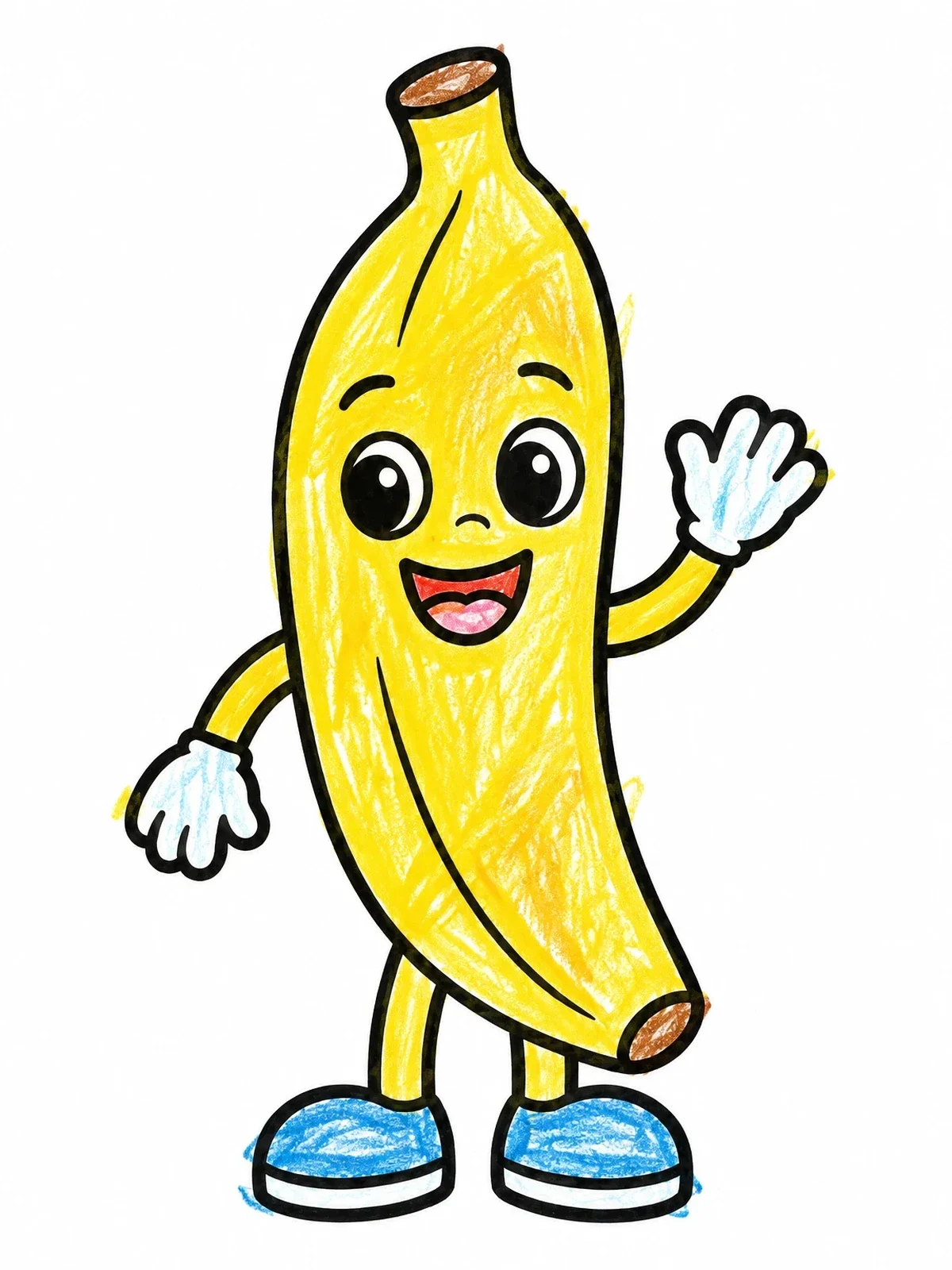 Colored example of the Cute Waving Cartoon Banana coloring page