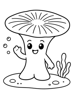 A cute mushroom coral coloring page with a smiling face underwater.