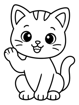 A happy kitten coloring page showing a friendly cat sitting and waving.