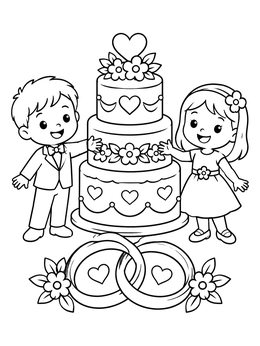 Free printable Cute Wedding Cake With Rings And Children coloring page