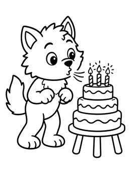 A cute werewolf coloring page showing a pup blowing out candles on a tiered birthday cake.